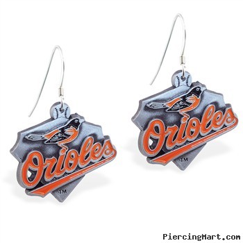 Mspiercing Sterling Silver Earrings With Official Licensed Pewter MLB Charms, Baltimore Orioles