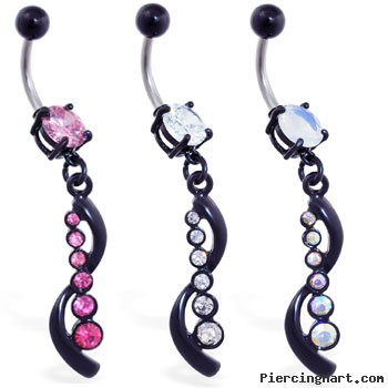 Belly ring with jeweled black coated dangle