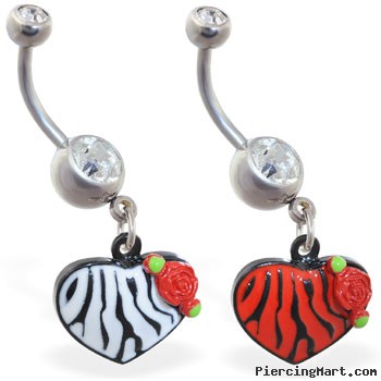 Belly ring with dangling tiger print heart