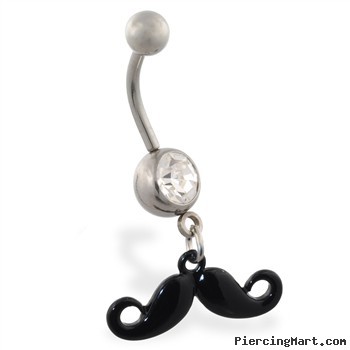 Jeweled belly ring with Dangling Black Curly Mustache