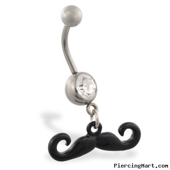 Jeweled belly ring with Dangling Black Curly Mustache