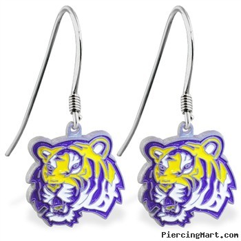 Mspiercing Sterling Silver Earrings With Official Licensed Pewter NCAA Charm, Louisiana State Univer