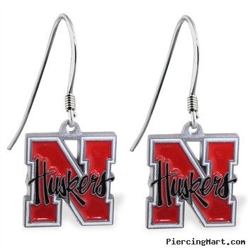 Mspiercing Sterling Silver Earrings With Official Licensed Pewter NCAA Charm, University Of Nebraska