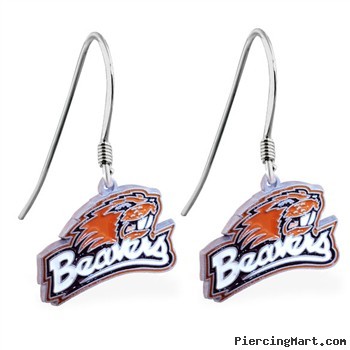 Mspiercing Sterling Silver Earrings With Official Licensed Pewter NCAA Charm, Oregon State Beavers