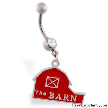 Jeweled belly ring with dangling red barn