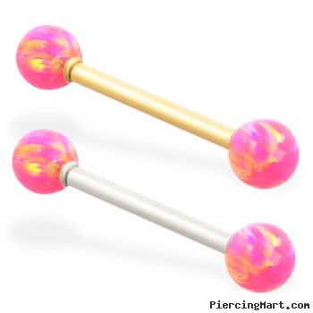 14K Gold straight barbell with Pink opal balls