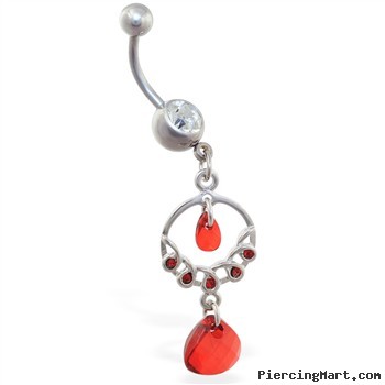 Dangling chandelier belly ring with red stones