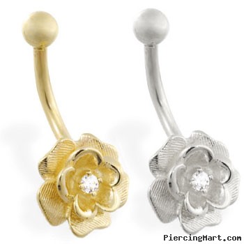 14K Yellow Gold Flower Belly Ring with Single CZ