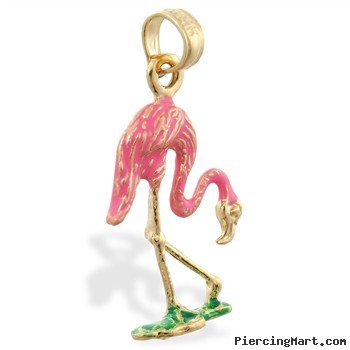 14K Yellow Gold Enameled Flamingo Pendant