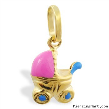 14K Yellow Gold Enameled Baby Carriage Pendant