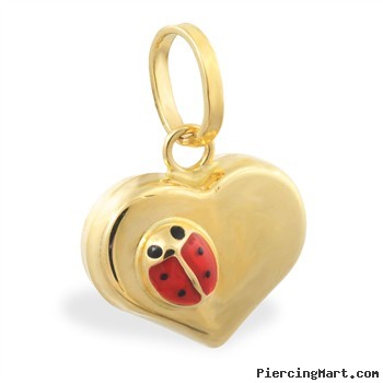 14K Yellow Gold Heart Pendant with Small Ladybug