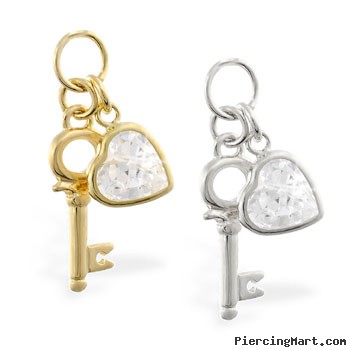 14K Yellow Gold CZ jeweled heart and key pendant