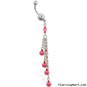 Navel ring with dangling chains and pink pearls