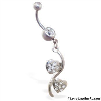 Navel ring with double jeweled heart dangle