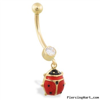 14K Yellow Gold belly ring with dangling enameled ladybug