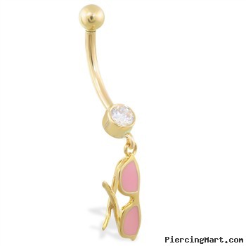 14K Yellow Gold belly ring with dangling pink enameled glasses