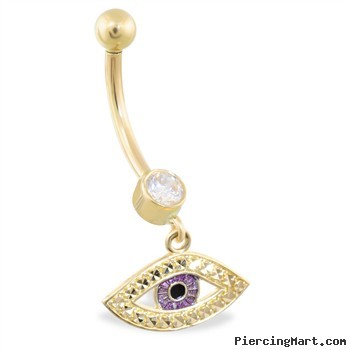 14K Yellow Gold belly ring with dangling eyeball luck charm