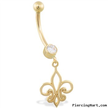 14K Yellow Gold belly ring with dangling Fleur-de-Lis charm