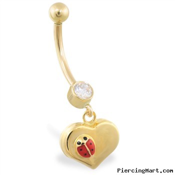 14K Yellow Gold belly ring with dangling heart and ladybug