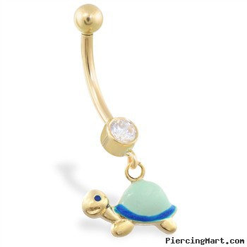 14K Yellow Gold belly ring with dangling enameled turtle