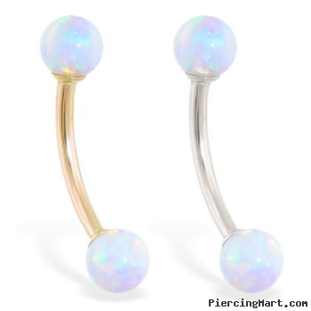 14K Gold curved barbell with White opal balls