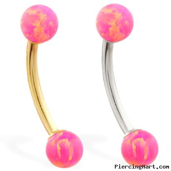 14K Gold curved barbell with Pink opal balls