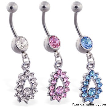 Belly ring with jeweled teardrop dangle