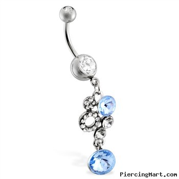 Jeweled navel ring with lt blue jeweled dangle