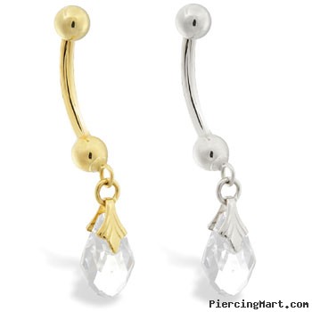 14K Gold belly ring with dangling clear swarovski crystal teardrop