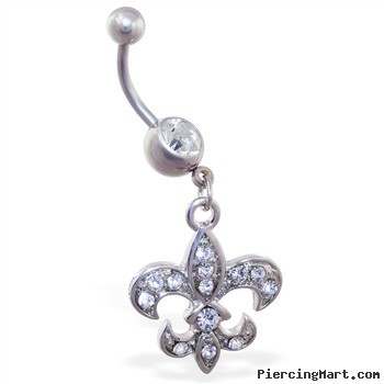 Belly ring with dangling jeweled fleur-de-lis