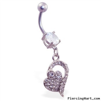 Navel ring with jeweled heart dangle