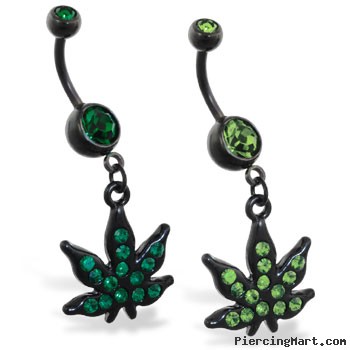 Black coated navel ring with dangling jeweled green pot leaf