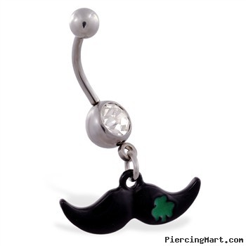 Jeweled belly ring with Dangling Black Mustache with Clover