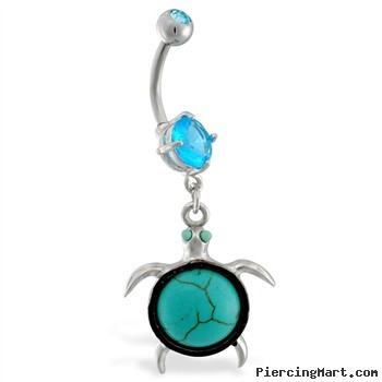 Navel ring with dangling turquoise stone turtle