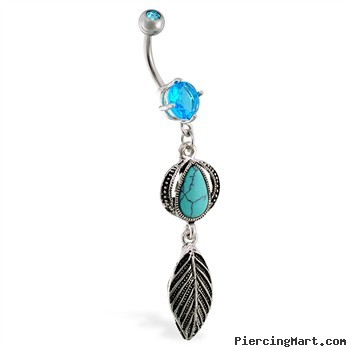 Belly ring with dangling turquoise stone and feather