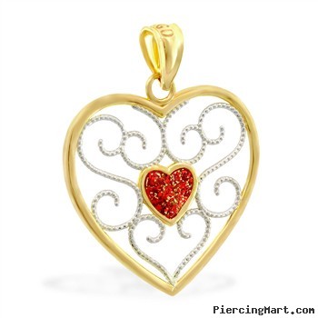 14K Yellow Gold Heart Charm with Red Glitter Center