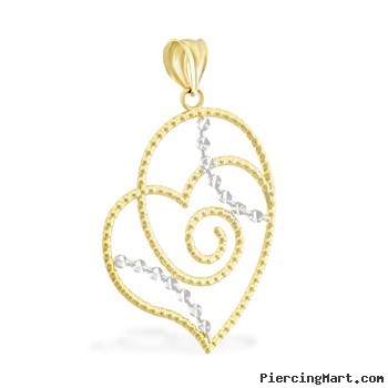 14K Yellow Gold Large Swirl Heart Charm with White Gold Accents