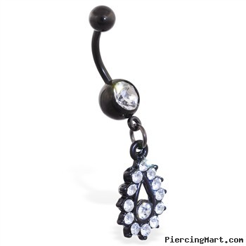 Black coated belly ring with jeweled teardrop dangle