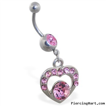 Belly ring with dangling pink jeweled heart with gem