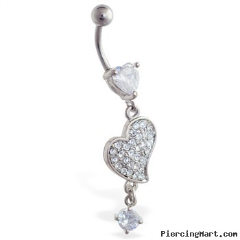 Jeweled heart belly ring with dangling heart and gem