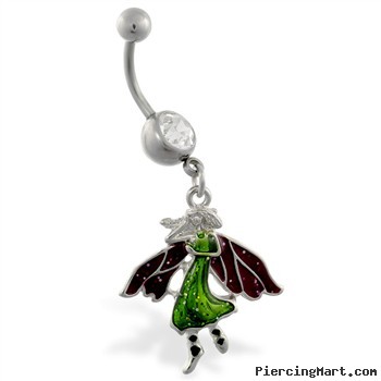 Jeweled belly ring with dangling glittery fairy