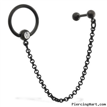 16 Gauge Black Coated Straight Barbell with 14 Gauge Jeweled Captive Ring On Chain