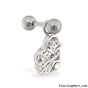 Steel cartilage barbell with jeweled "LOVE" heart dangling charm