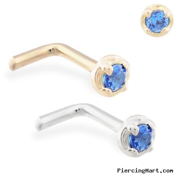 14K Gold L-shaped nose pin with 1.5mm Sapphire gem