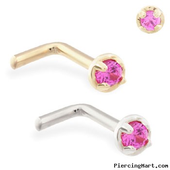 14K Gold L-shaped nose pin with 1.5mm Ruby gem