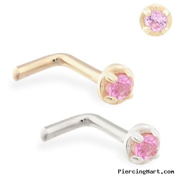 14K Gold L-shaped nose pin with 1.5mm Pink Tourmaline gem