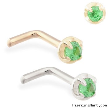 14K Gold L-shaped nose pin with 1.5mm Emerald gem
