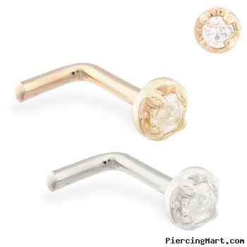 14K Gold L-shaped nose pin with 1.5mm clear CZ gem