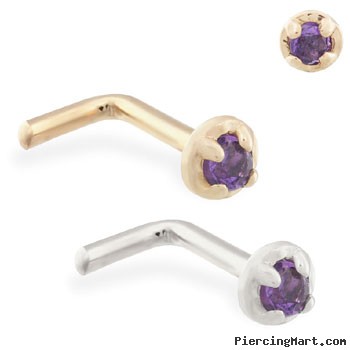 14K Gold L-shaped nose pin with 1.5mm Amethyst gem