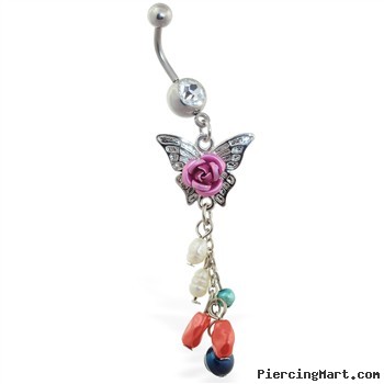 Belly ring with multi-color rose butterfly dangle